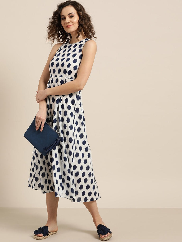 Women's Navy Polka Deep Cut Sleeveless Dress