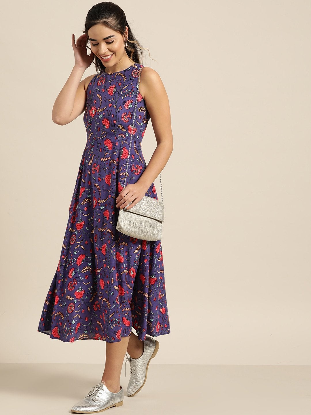 Women's Purple Floral Deep Cut Sleeveless Dress - SASSAFRAS