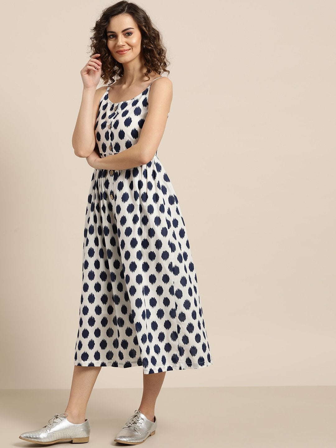 Women's Navy Polka Strappy Front Button Dress - SASSAFRAS