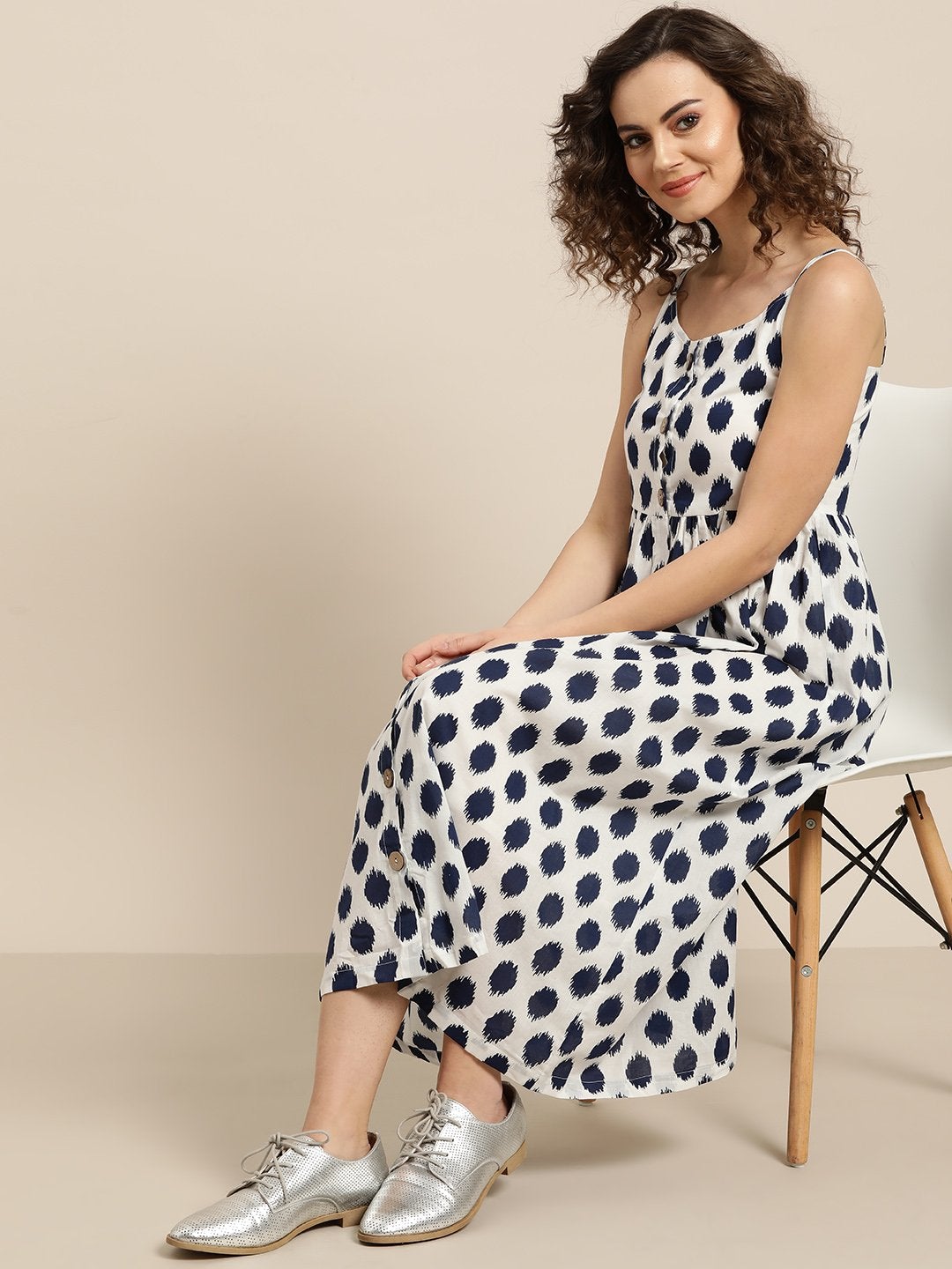 Women's Navy Polka Strappy Front Button Dress - SASSAFRAS