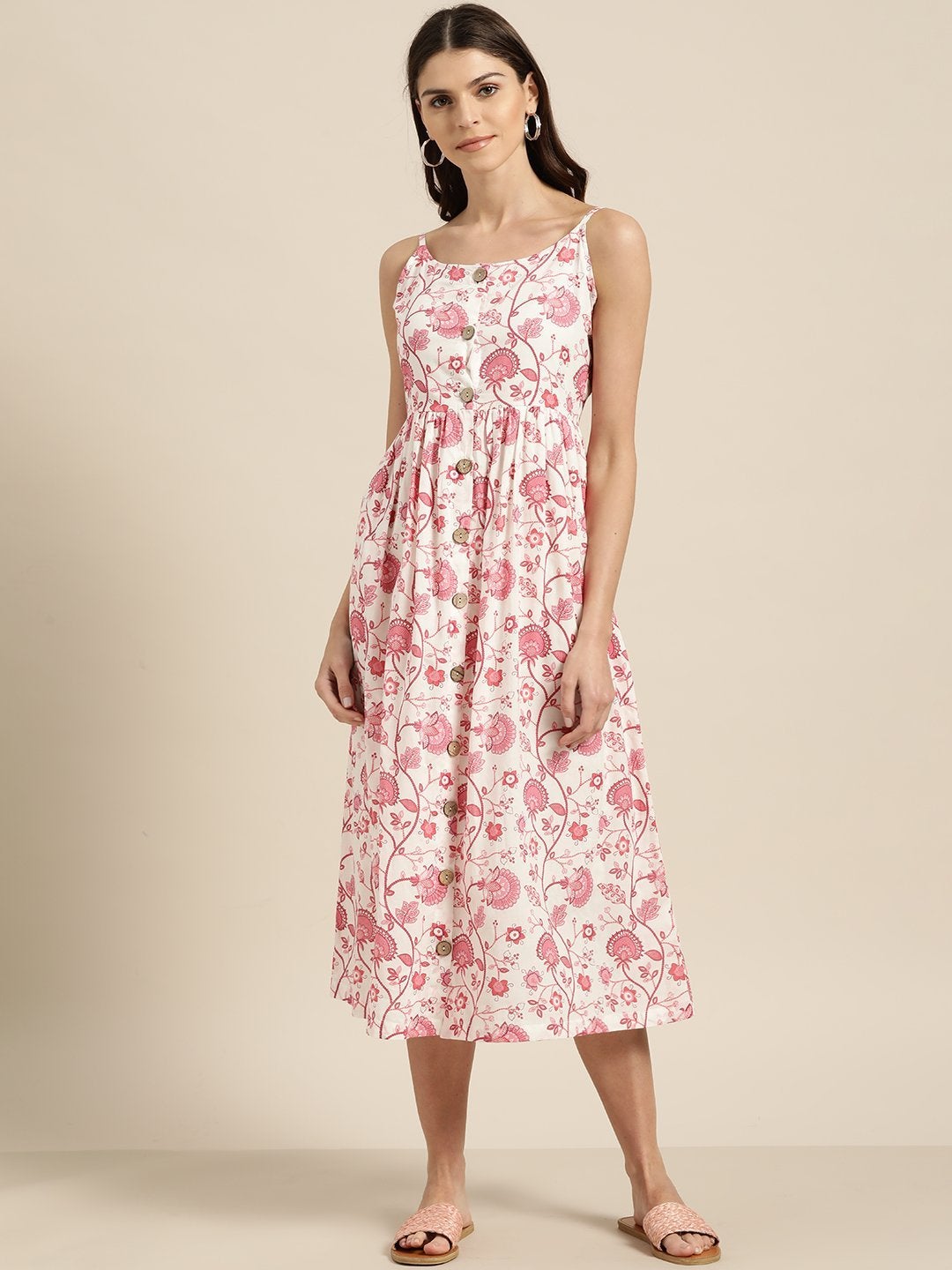 Women's Pink Floral Strappy Front Button Dress - SASSAFRAS