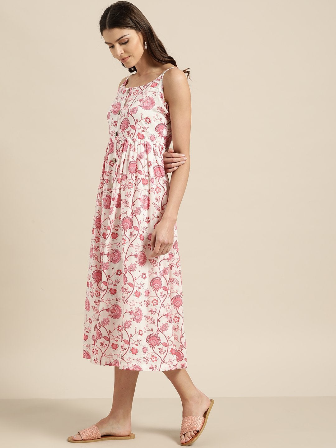 Women's Pink Floral Strappy Front Button Dress - SASSAFRAS