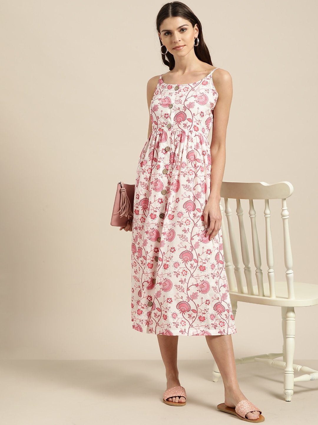 Women's Pink Floral Strappy Front Button Dress - SASSAFRAS