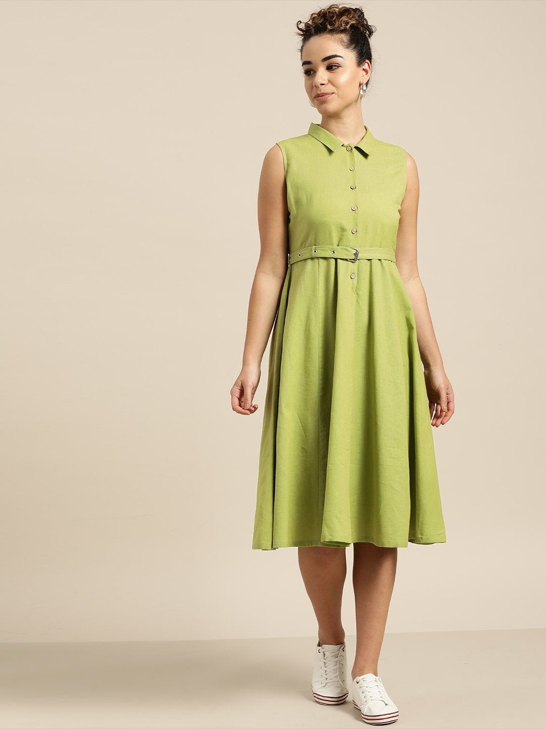 Women's Green Sleeveless Belted Dress - SASSAFRAS