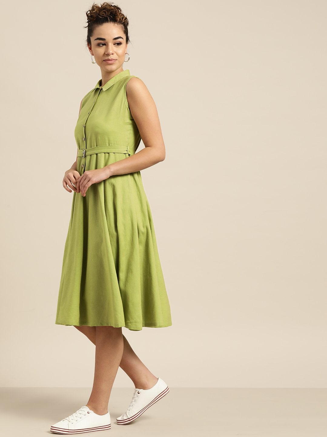 Women's Green Sleeveless Belted Dress - SASSAFRAS