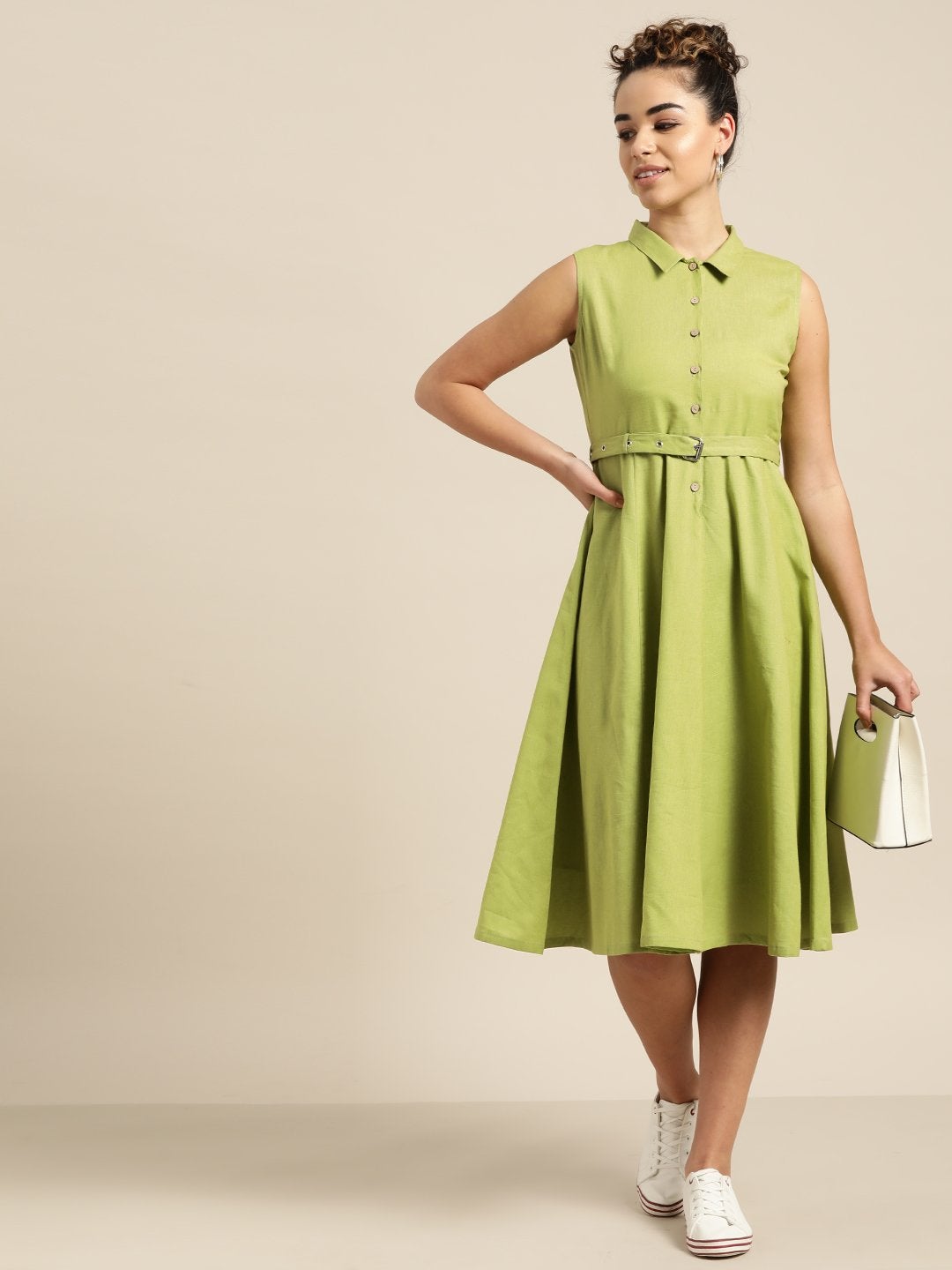 Women's Green Sleeveless Belted Dress - SASSAFRAS