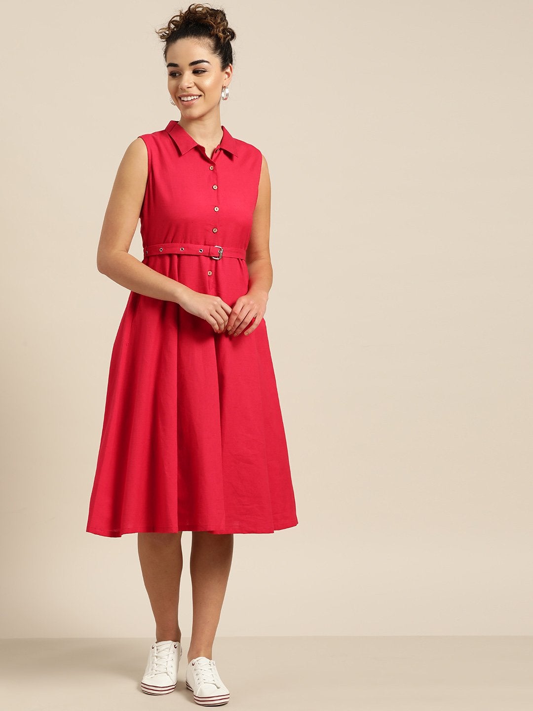 Women's Red Sleeveless Belted Dress - SASSAFRAS