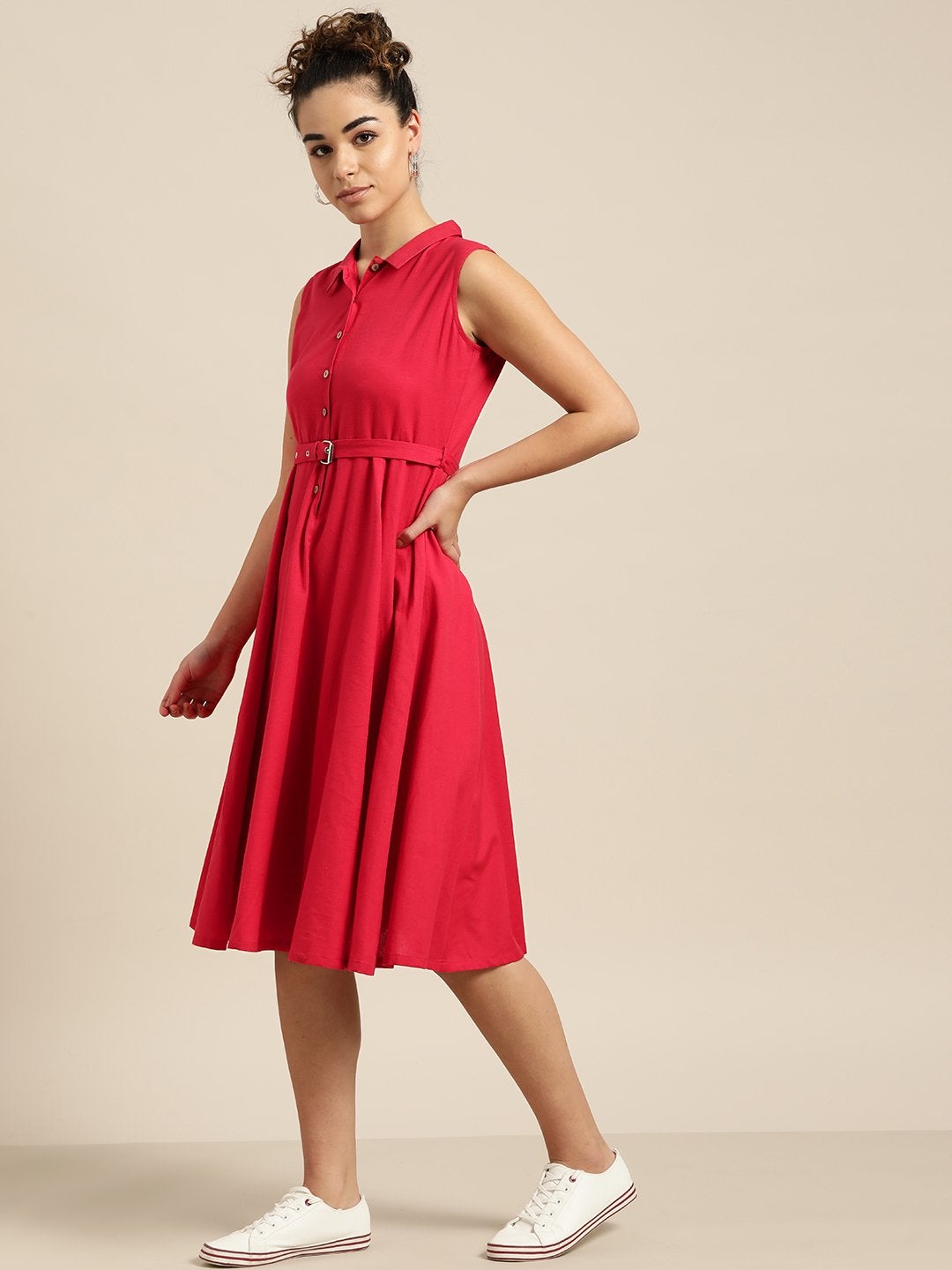 Women's Red Sleeveless Belted Dress - SASSAFRAS