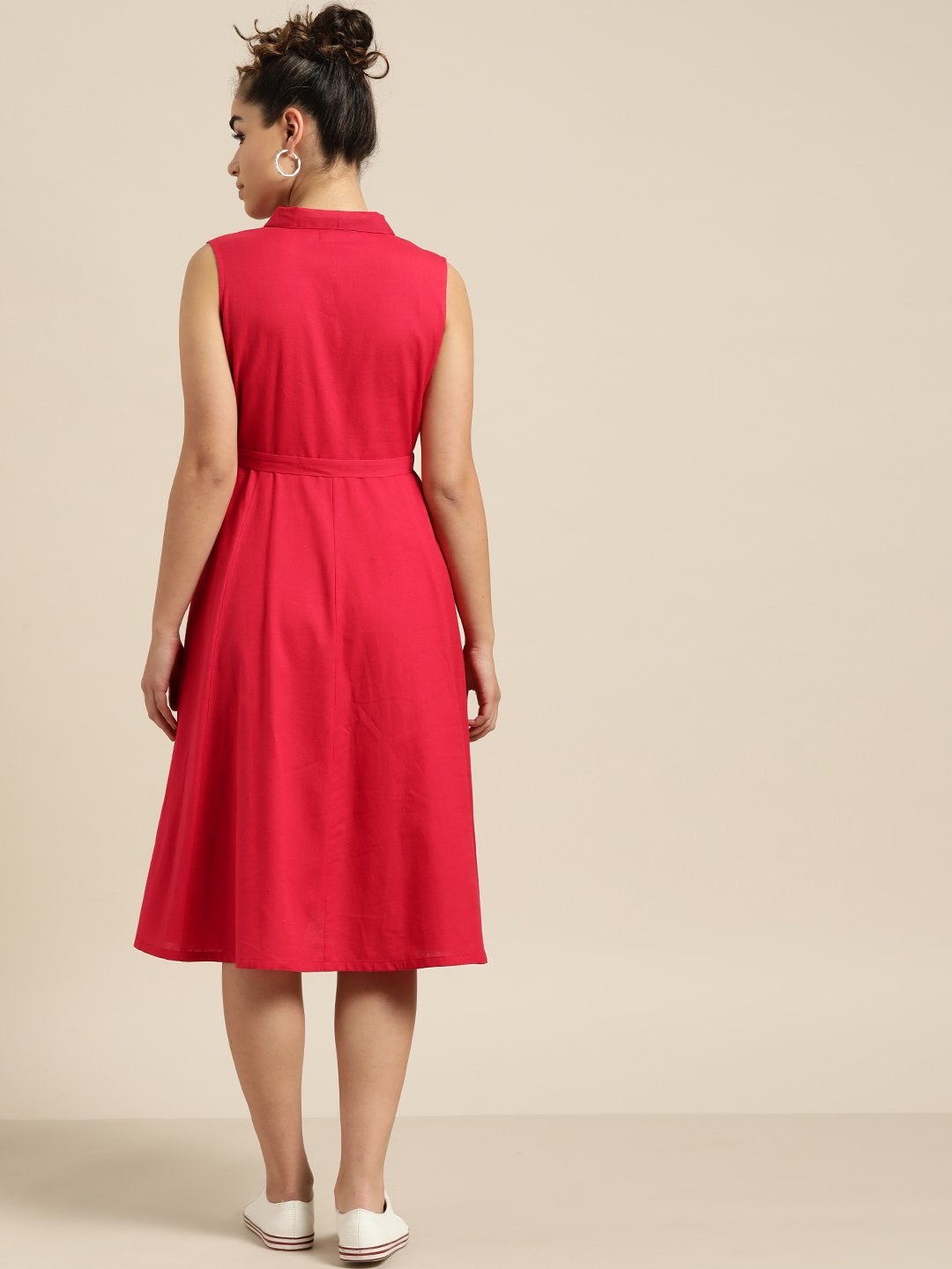 Women's Red Sleeveless Belted Dress - SASSAFRAS