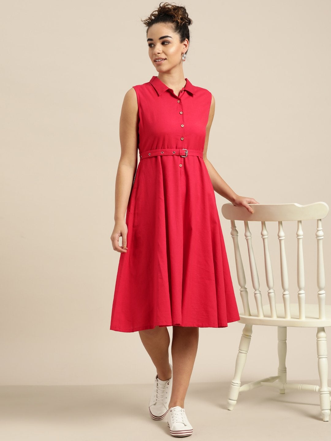 Women's Red Sleeveless Belted Dress - SASSAFRAS