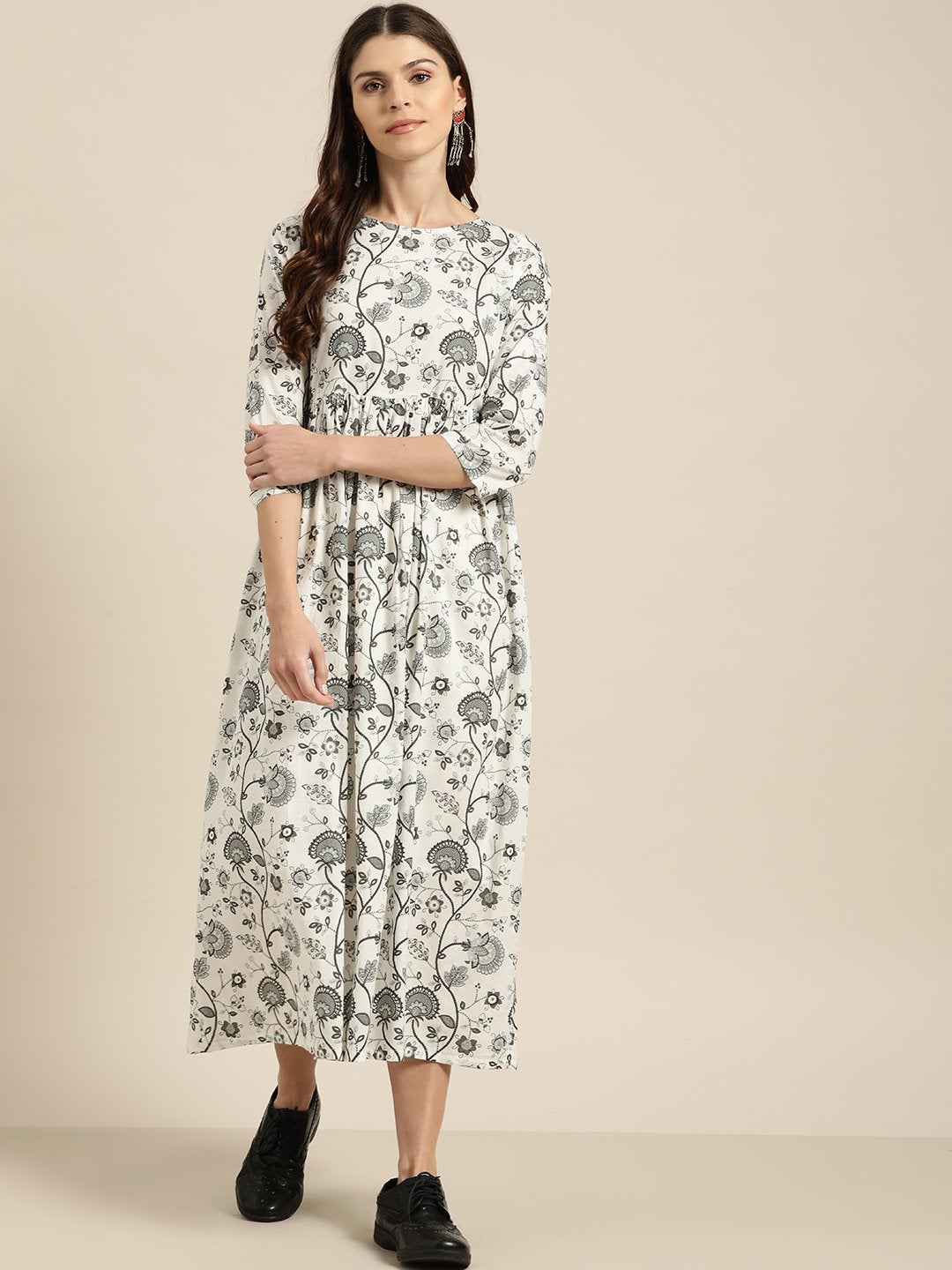 Women's Grey Floral Gathered Midi Dress - SASSAFRAS