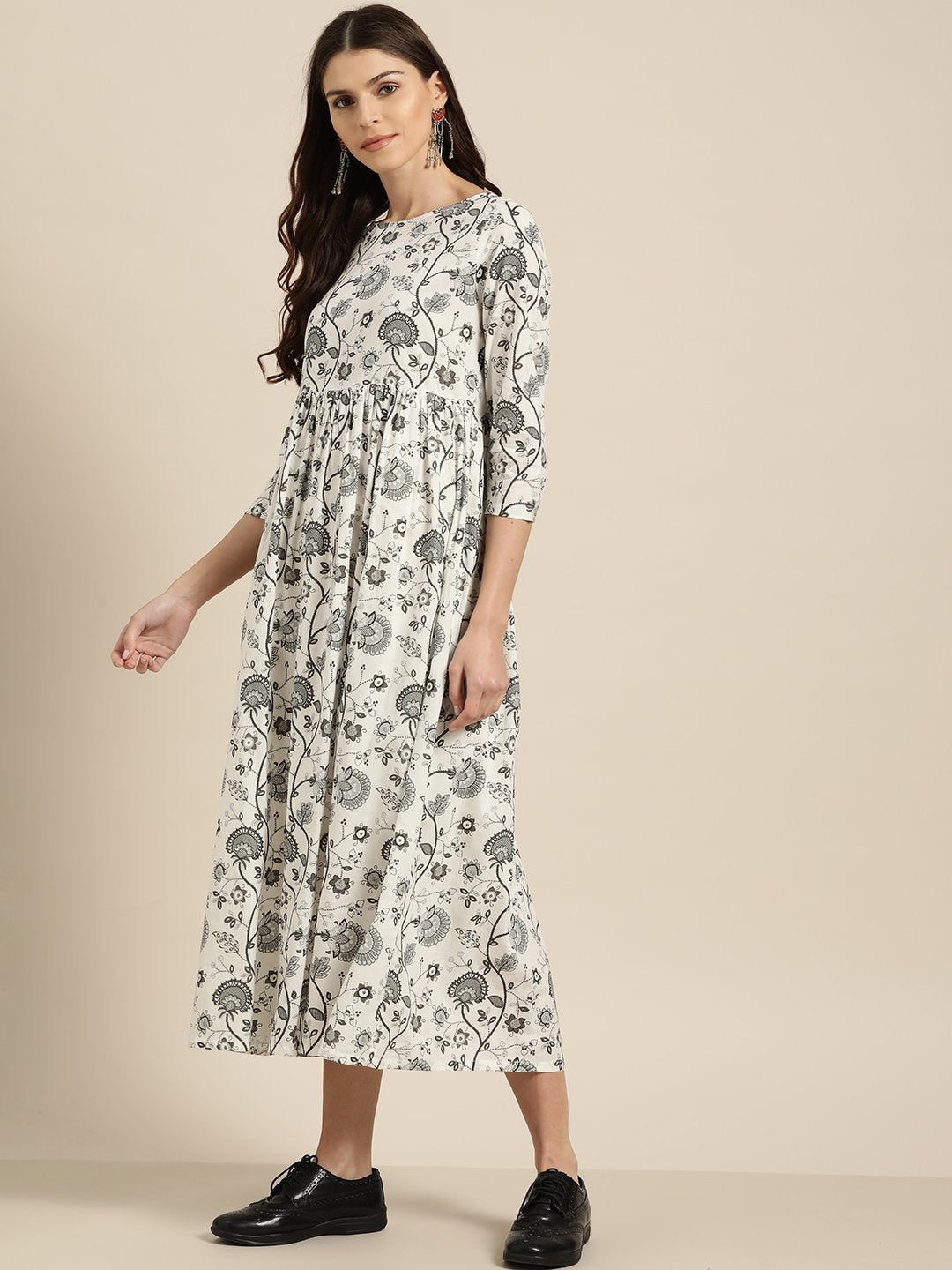 Women's Grey Floral Gathered Midi Dress - SASSAFRAS