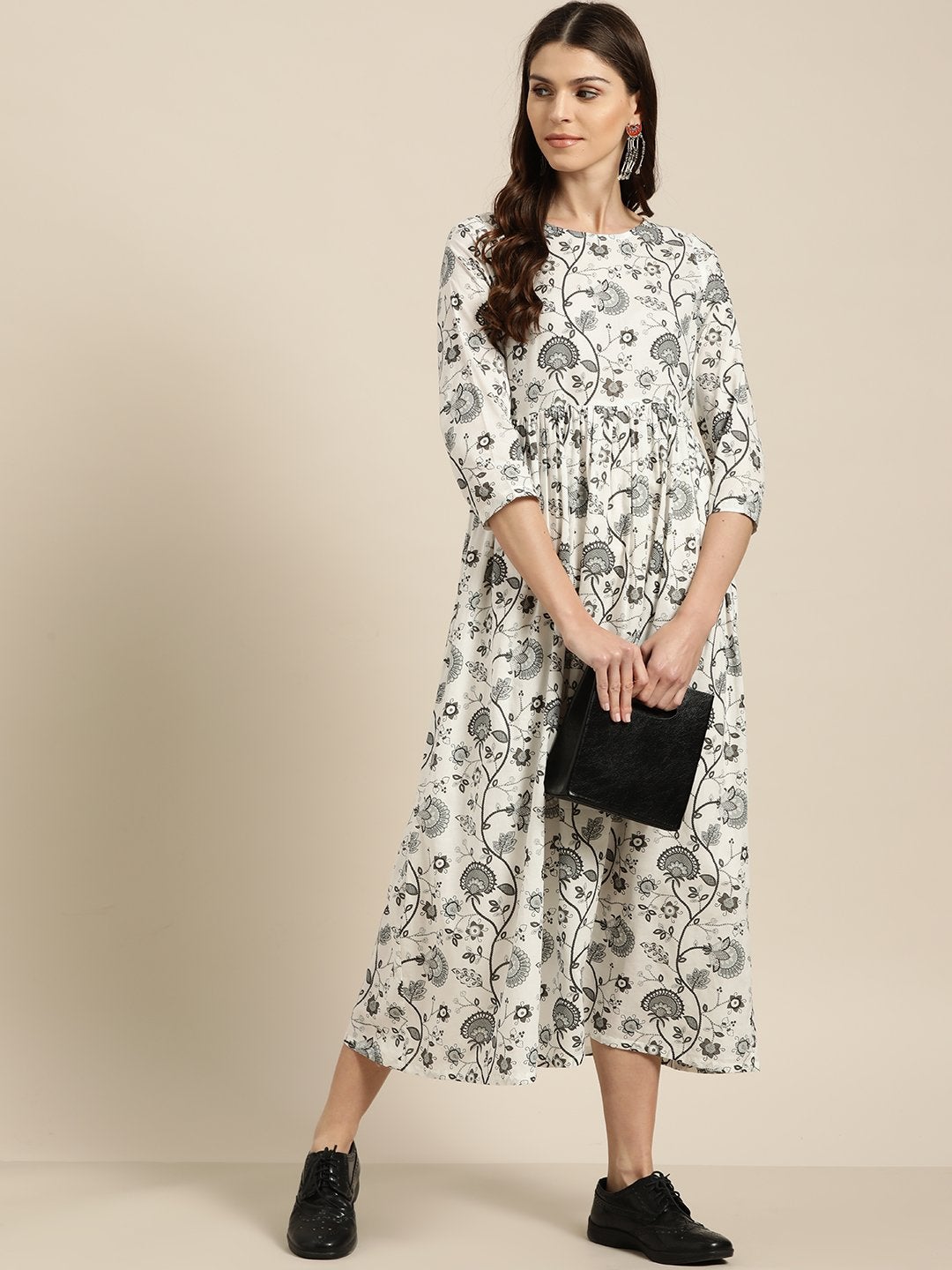 Women's Grey Floral Gathered Midi Dress - SASSAFRAS