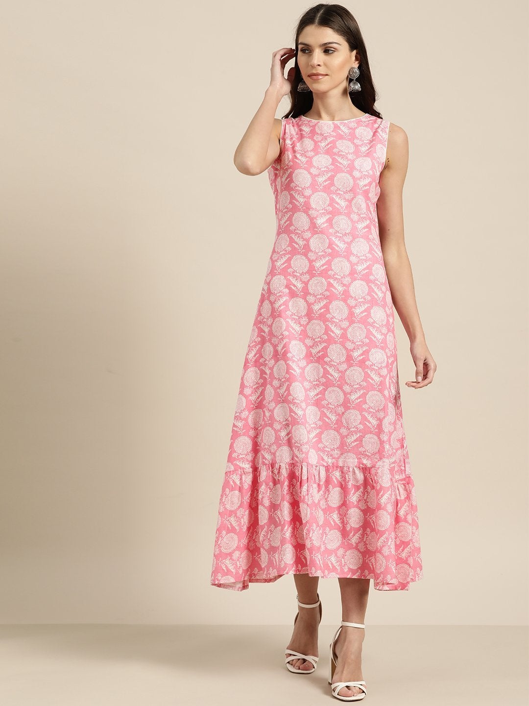 Women's Pink Floral Tiered Hem Sleeveless Midi Dress - SASSAFRAS