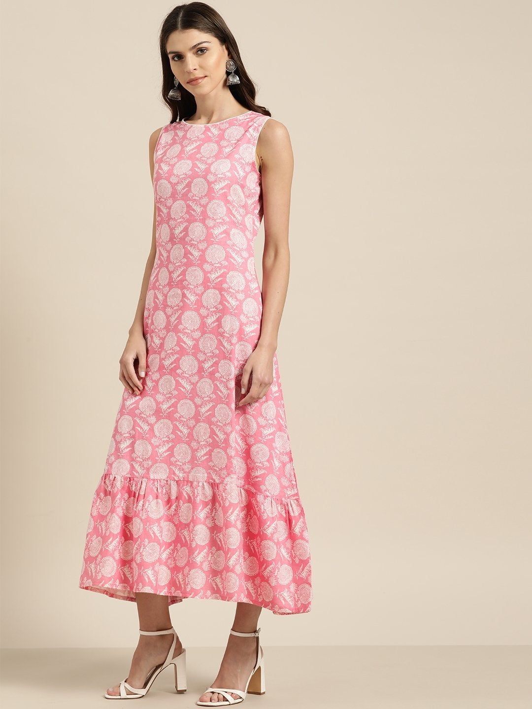 Women's Pink Floral Tiered Hem Sleeveless Midi Dress - SASSAFRAS