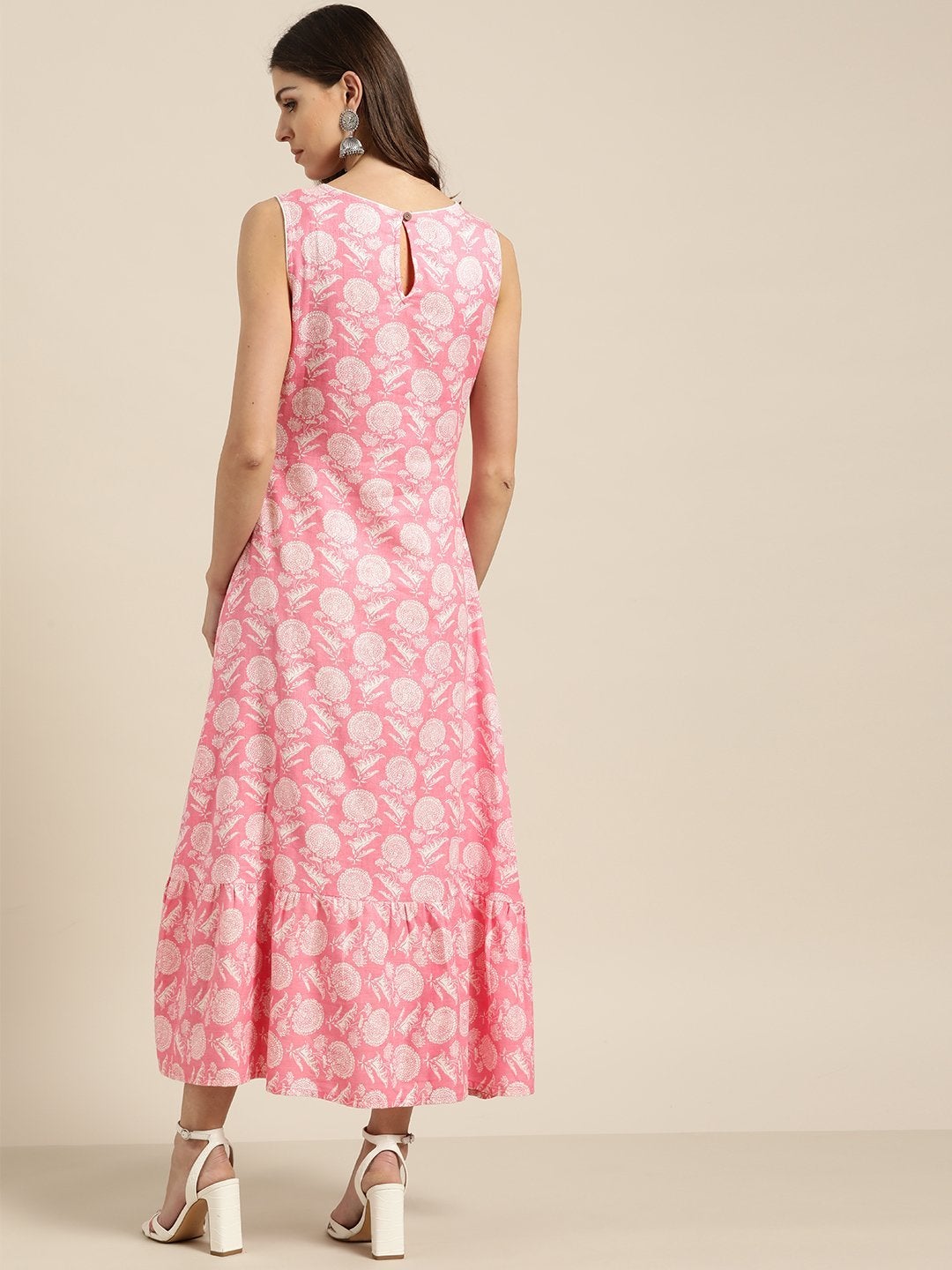 Women's Pink Floral Tiered Hem Sleeveless Midi Dress - SASSAFRAS