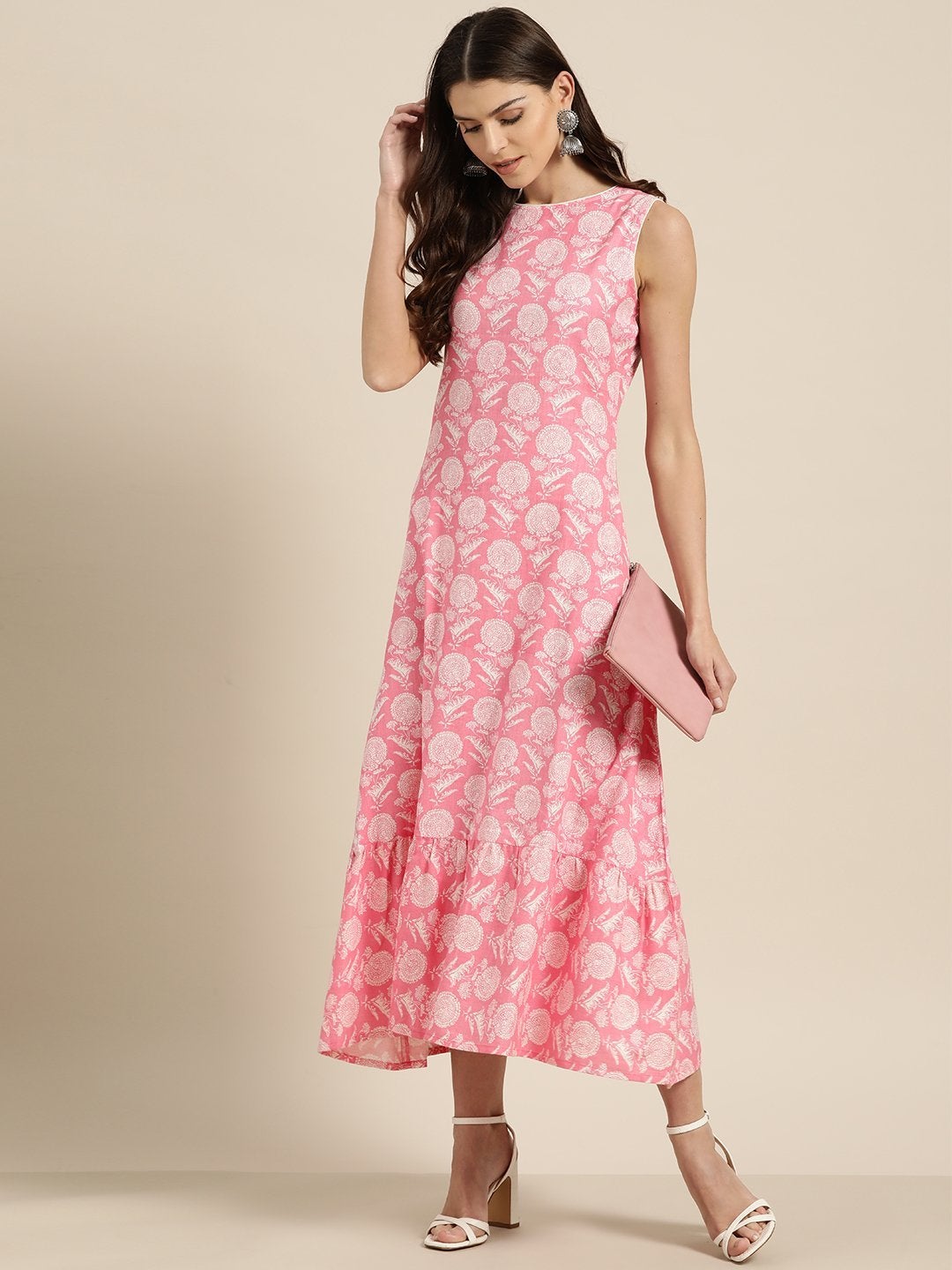 Women's Pink Floral Tiered Hem Sleeveless Midi Dress - SASSAFRAS