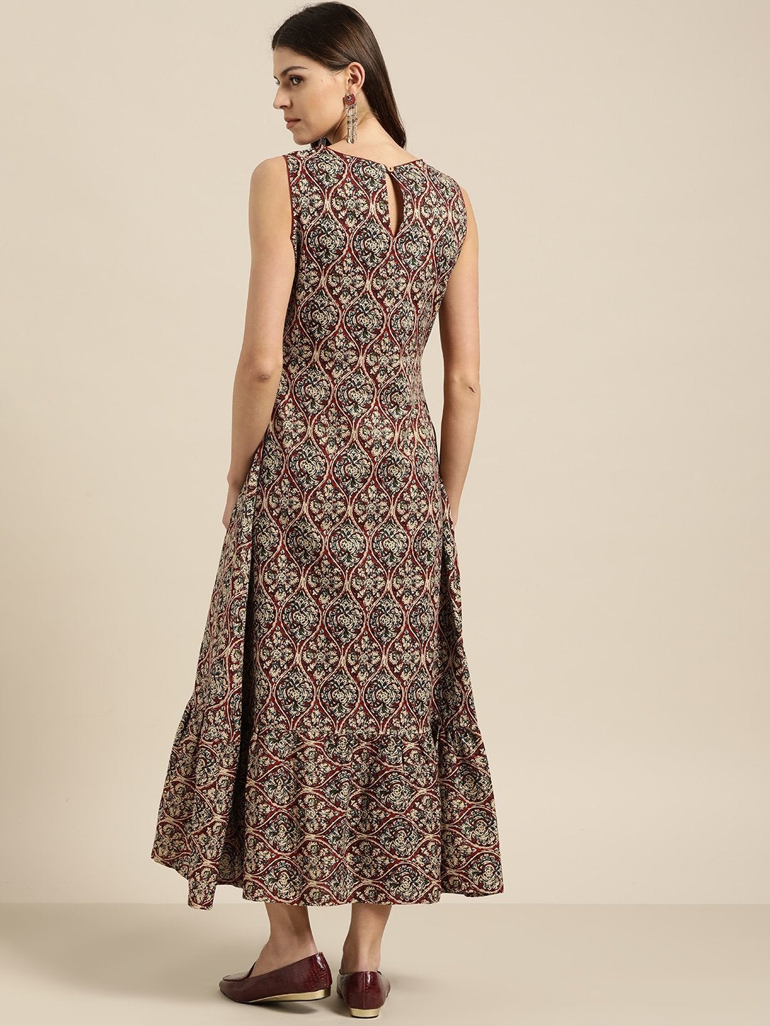 Women's Brown Tiered Hem Sleeveless Midi Dress - SASSAFRAS