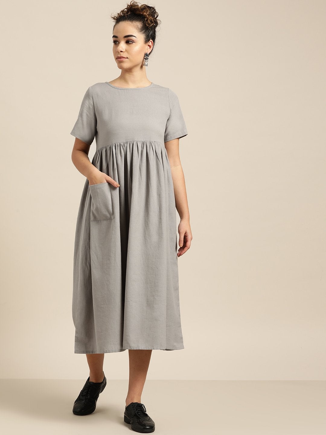 Women's Grey Gathered Patch Pocket Midi Dress - SASSAFRAS