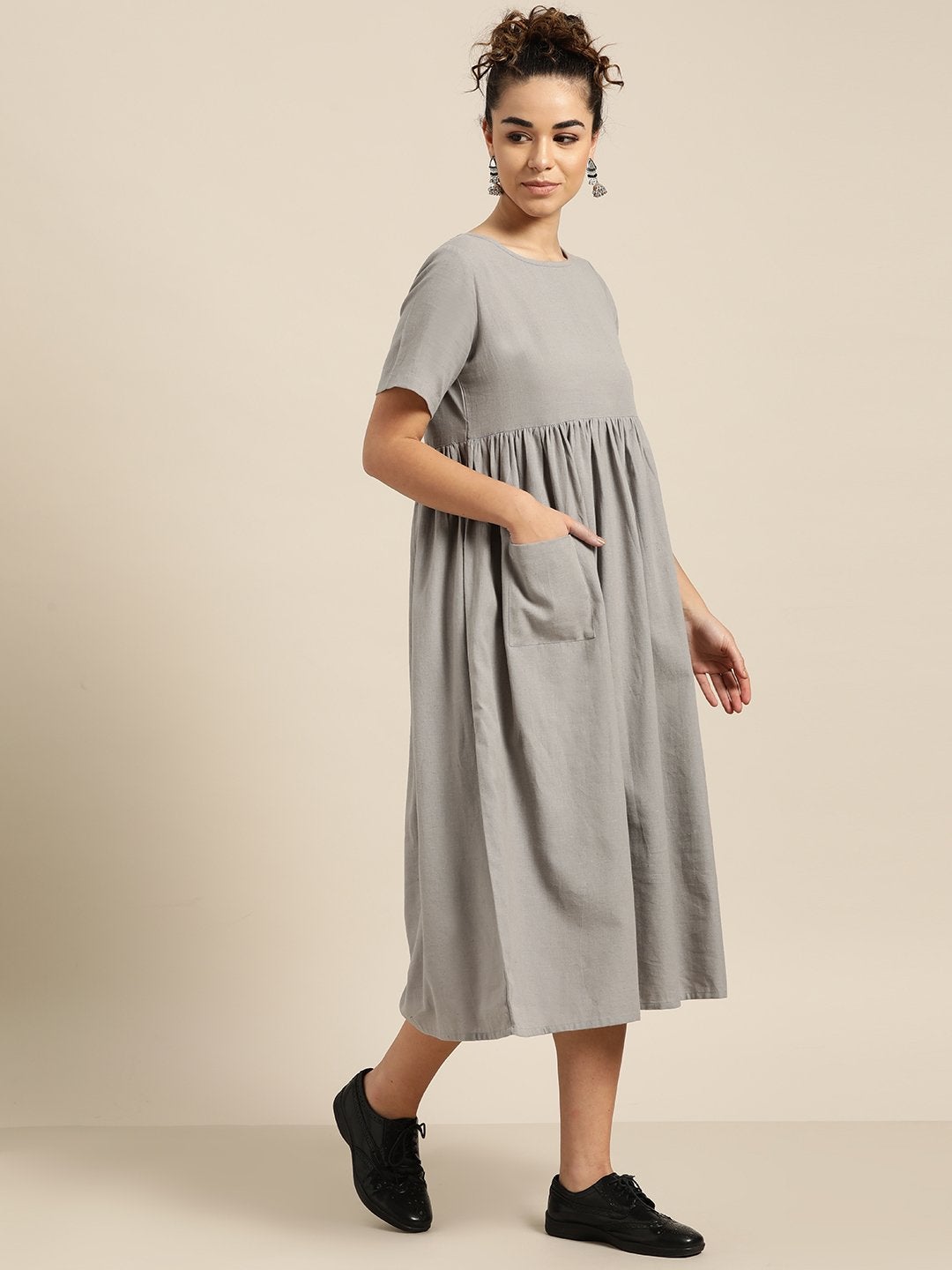 Women's Grey Gathered Patch Pocket Midi Dress - SASSAFRAS