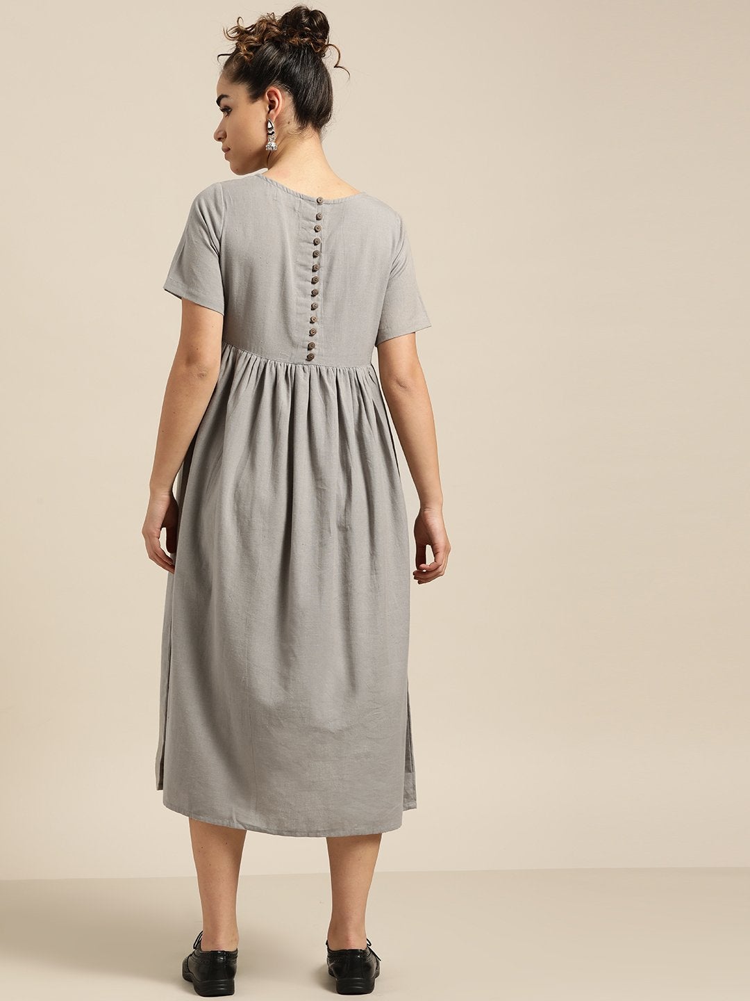 Women's Grey Gathered Patch Pocket Midi Dress - SASSAFRAS