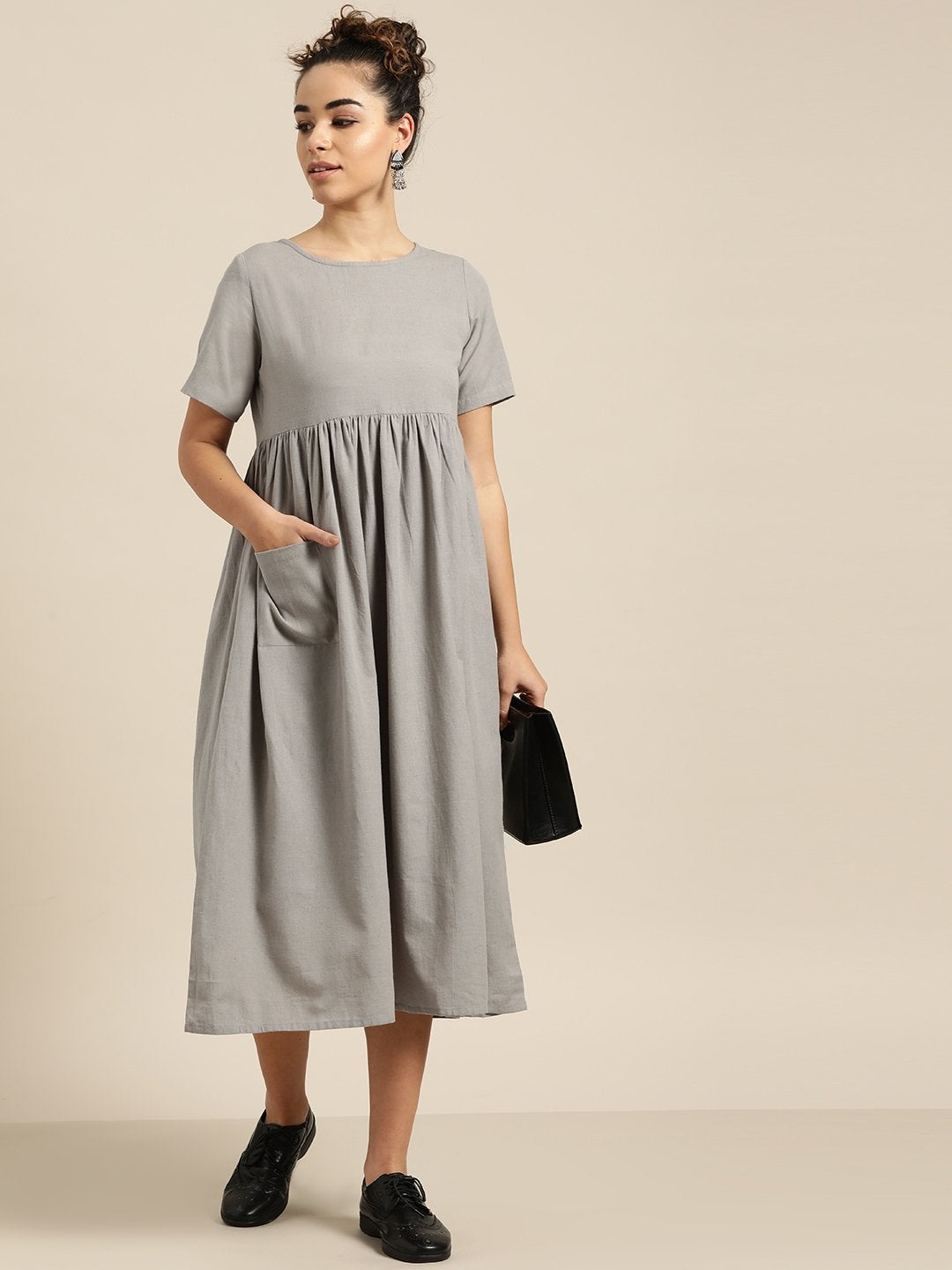 Women's Grey Gathered Patch Pocket Midi Dress - SASSAFRAS