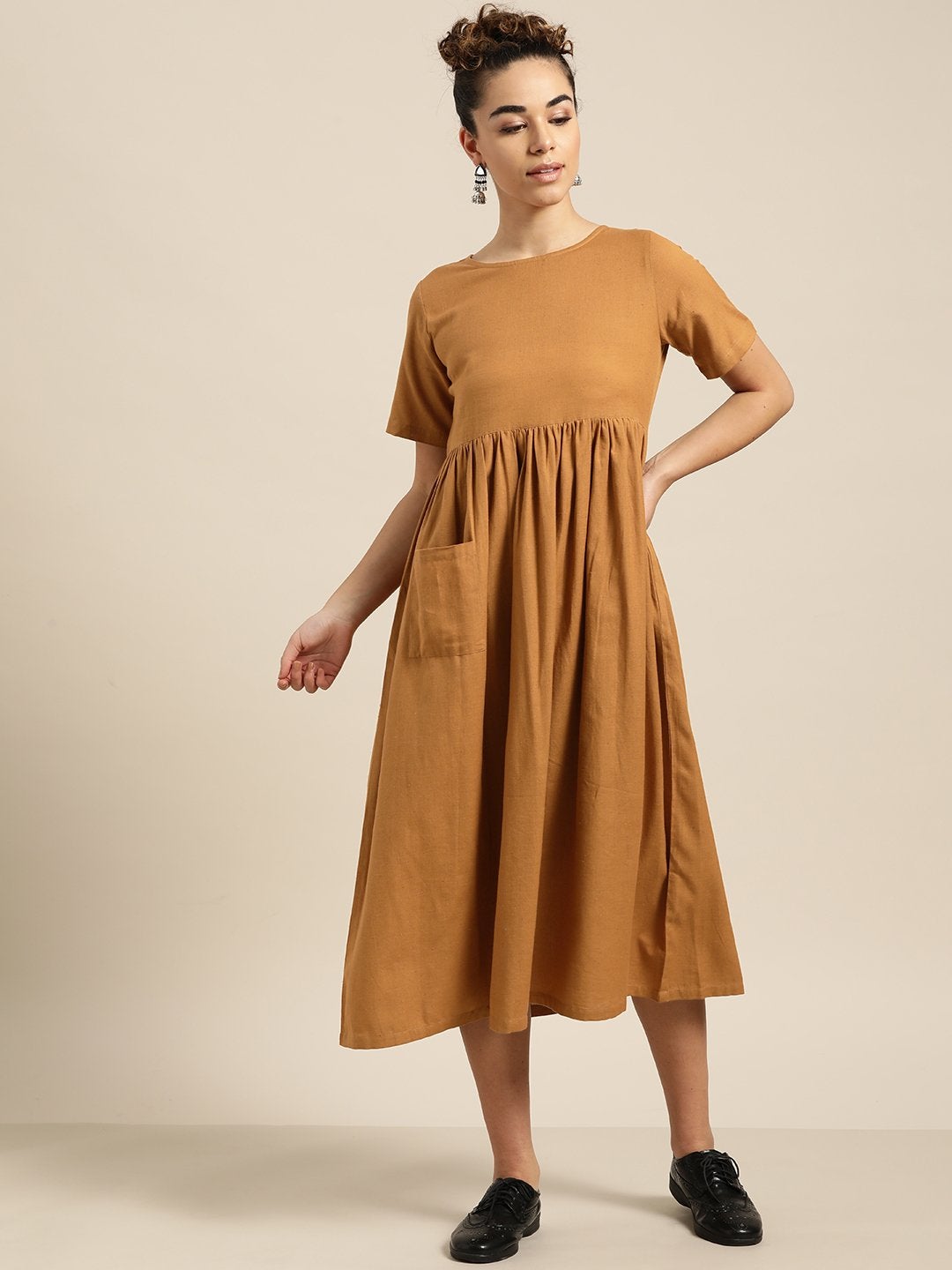 Women's Chocolate Brown Gathered Patch Pocket Midi Dress - SASSAFRAS