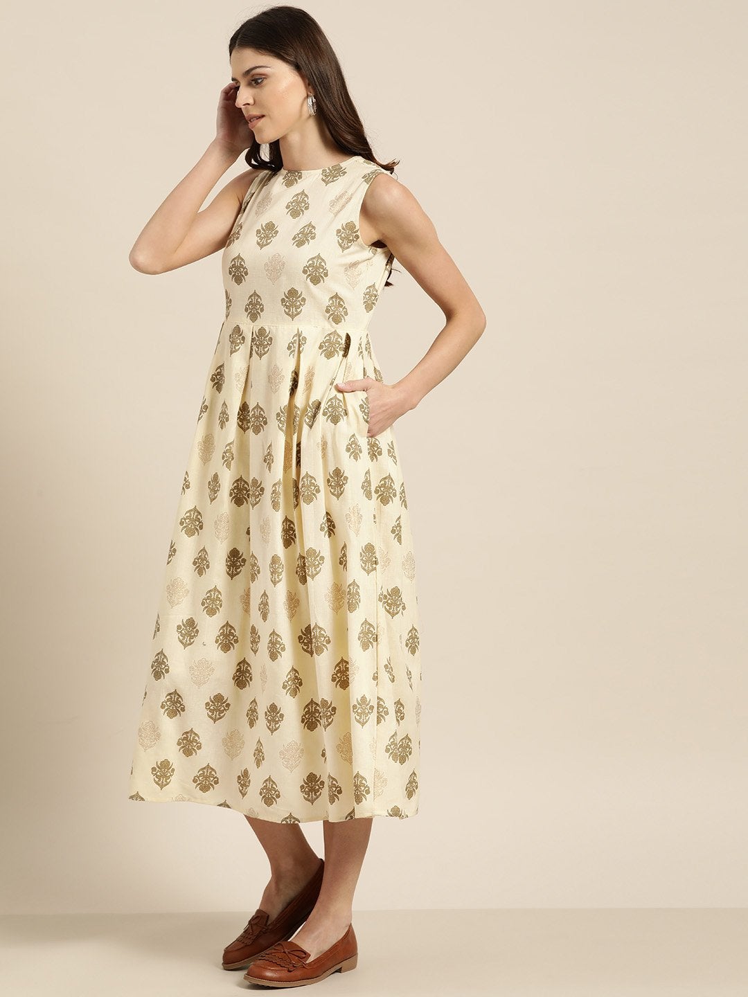 Women's Beige Floral Sleeveless Box Pleat Midi Dress - SASSAFRAS