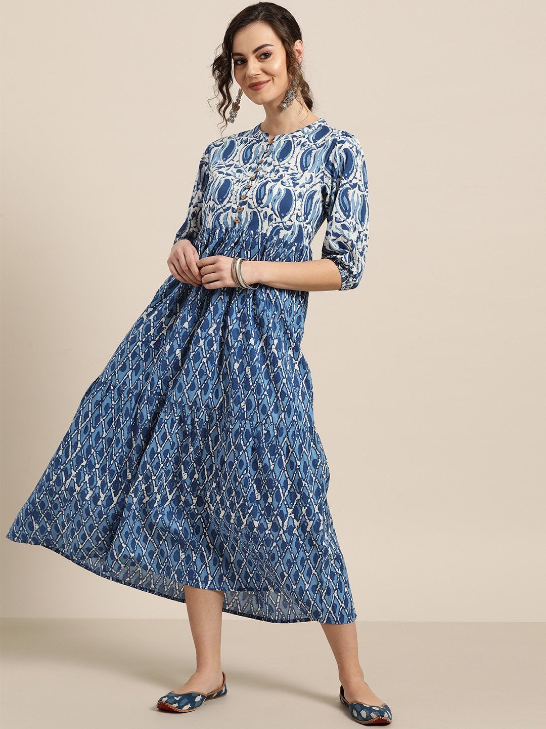 Women's Navy Paisley Tiered Midi Dress - SASSAFRAS