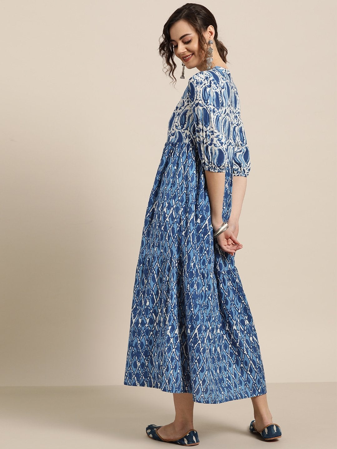 Women's Navy Paisley Tiered Midi Dress - SASSAFRAS