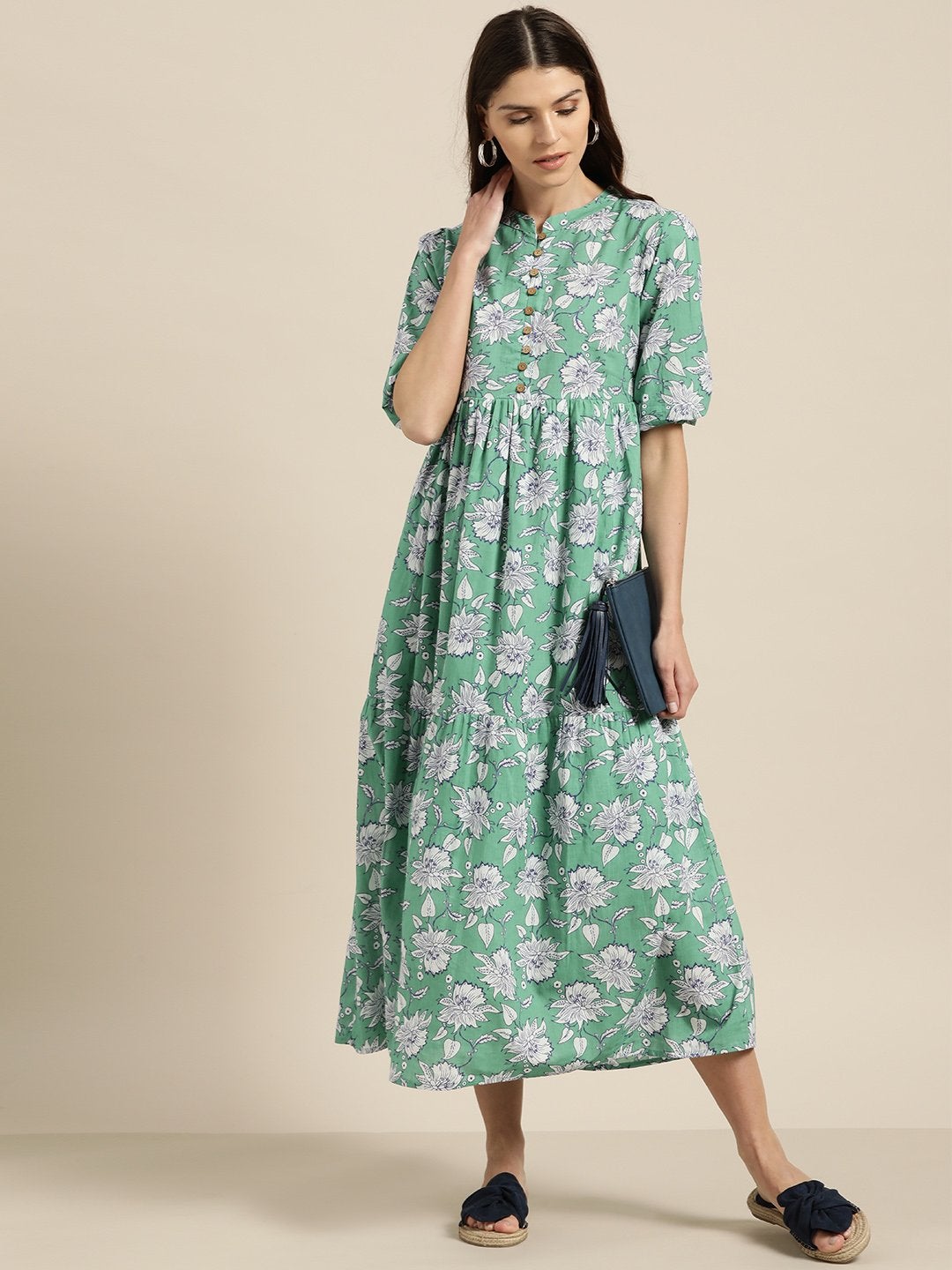 Women's Green Tiered Midi Dress - SASSAFRAS