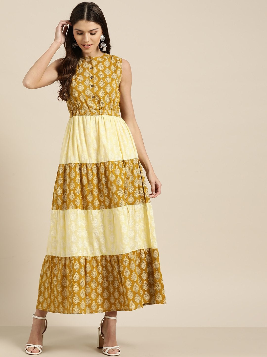 Women's Yellow Mustard Floral Sleeveless Tiered Maxi - SASSAFRAS