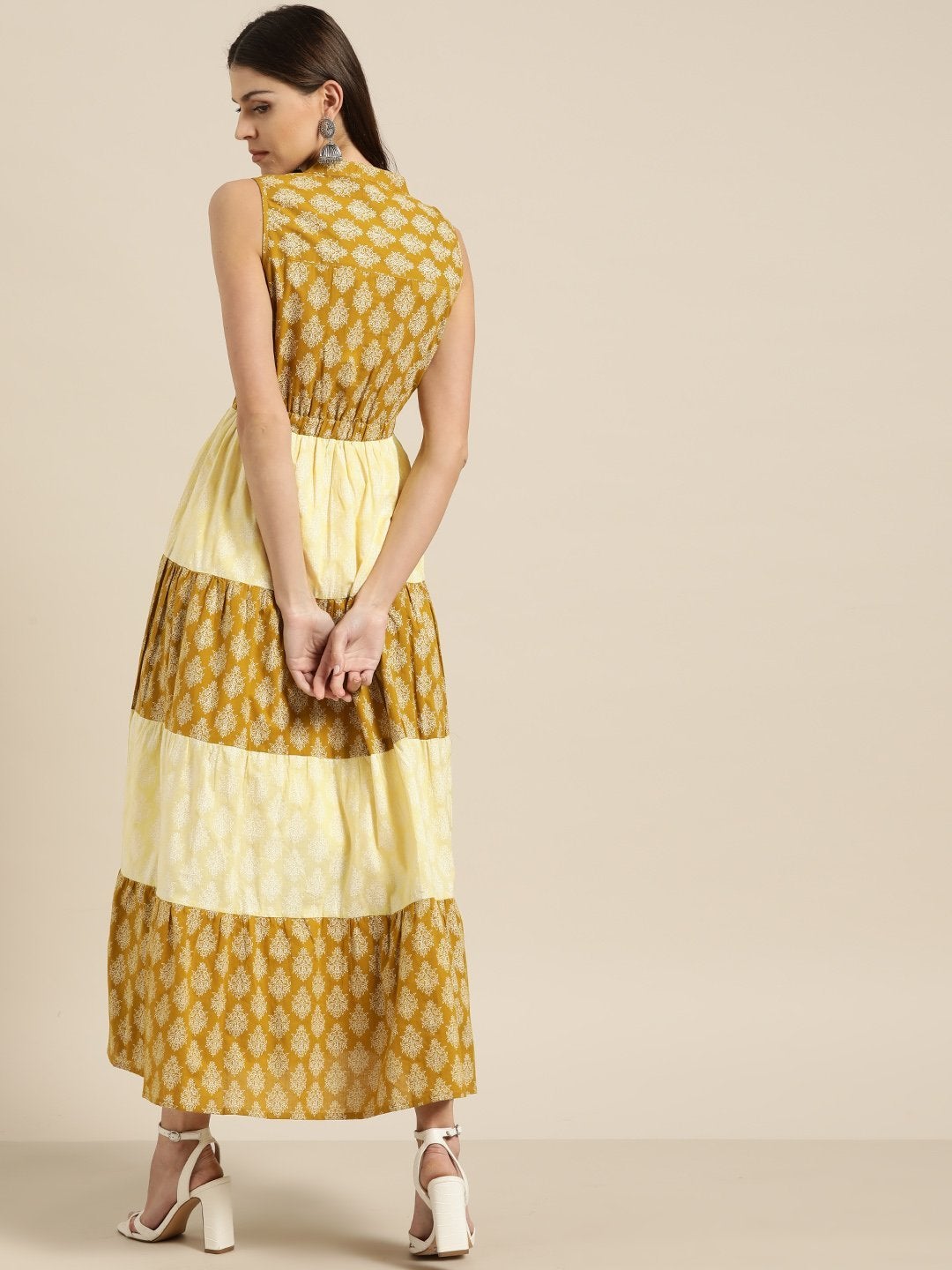 Women's Yellow Mustard Floral Sleeveless Tiered Maxi - SASSAFRAS