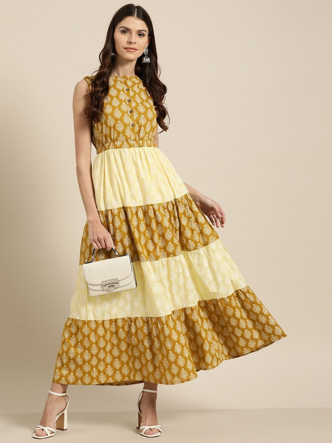 Women's Yellow Mustard Floral Sleeveless Tiered Maxi - SASSAFRAS