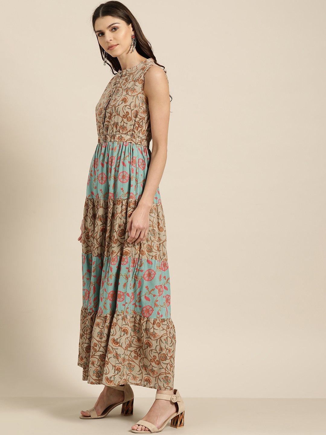 Women's Teal Blue Floral Sleeveless Tiered Maxi - SASSAFRAS