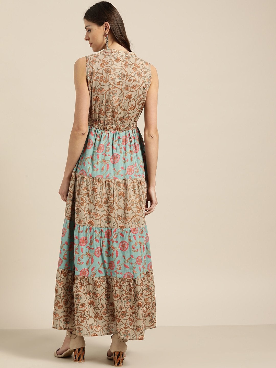 Women's Teal Blue Floral Sleeveless Tiered Maxi - SASSAFRAS