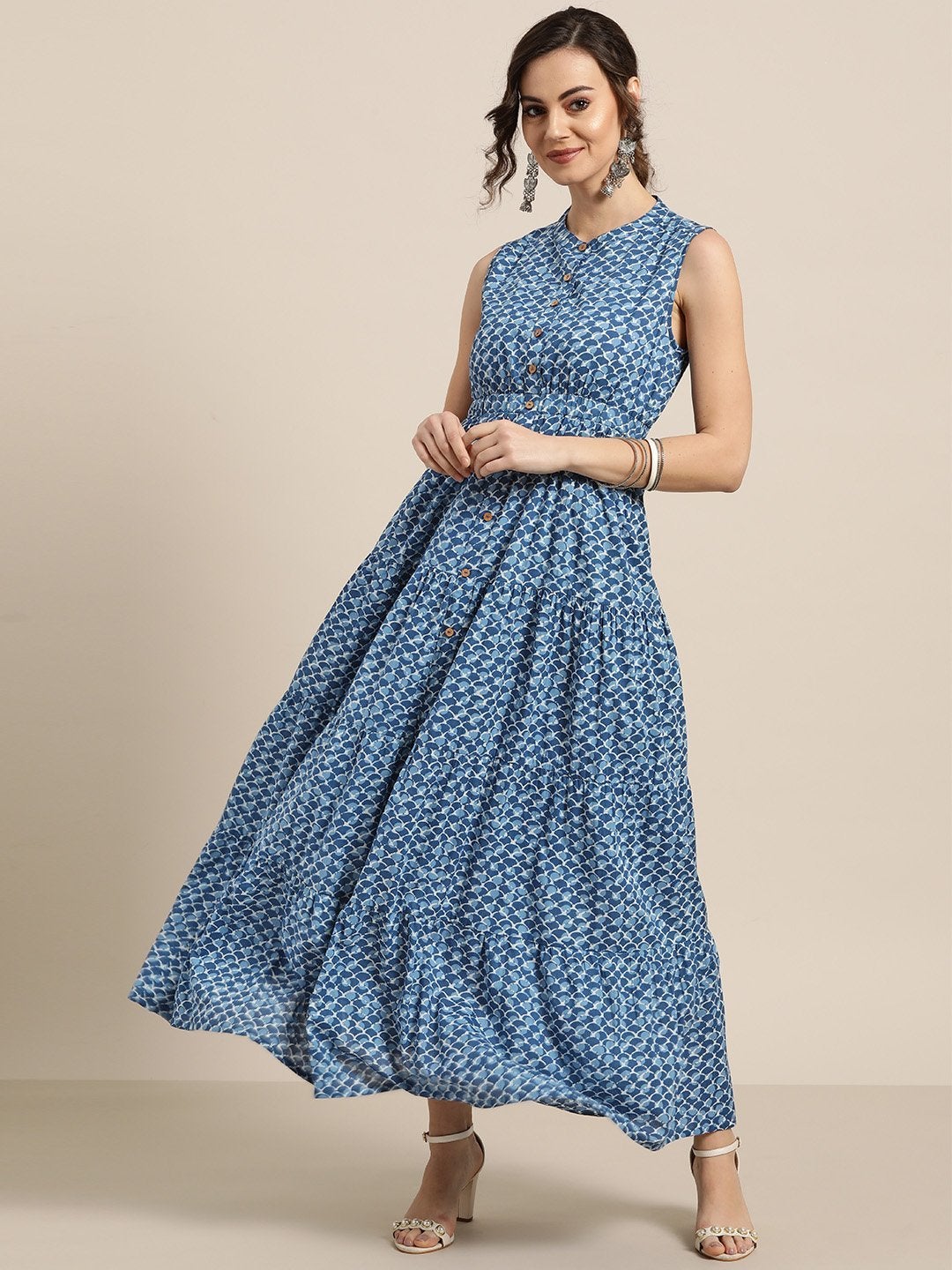 Women's Blue Geo Print Sleeveless Tiered Maxi - SASSAFRAS