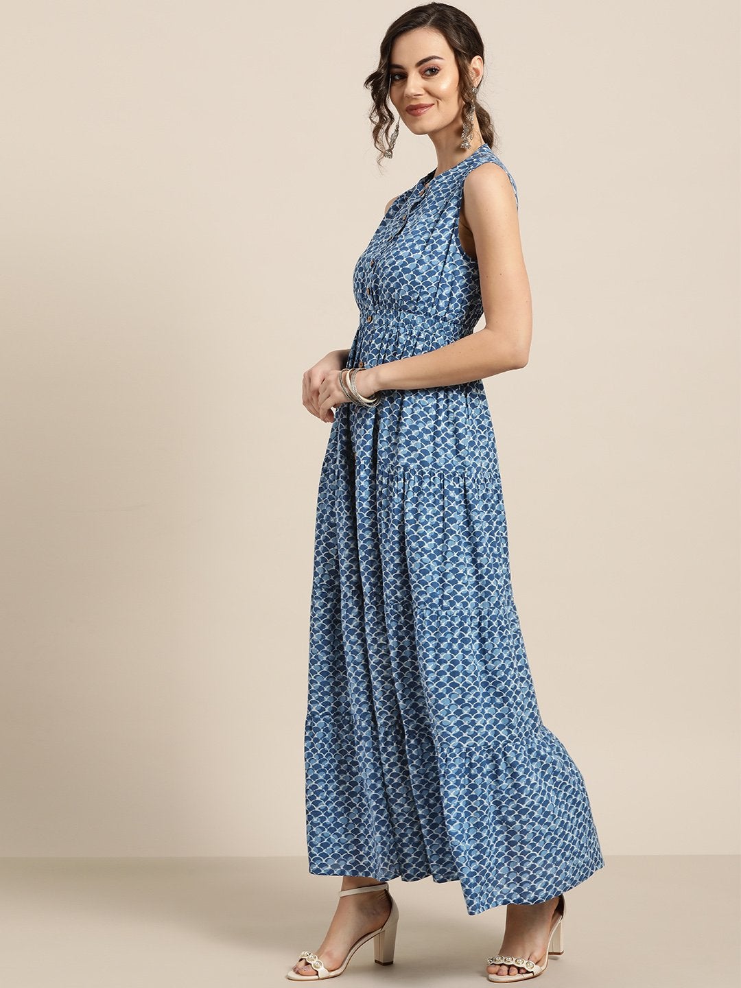 Women's Blue Geo Print Sleeveless Tiered Maxi - SASSAFRAS