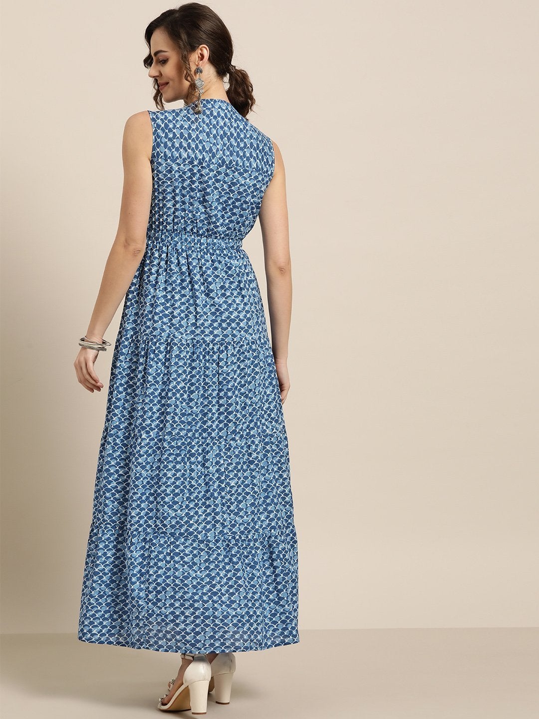 Women's Blue Geo Print Sleeveless Tiered Maxi - SASSAFRAS