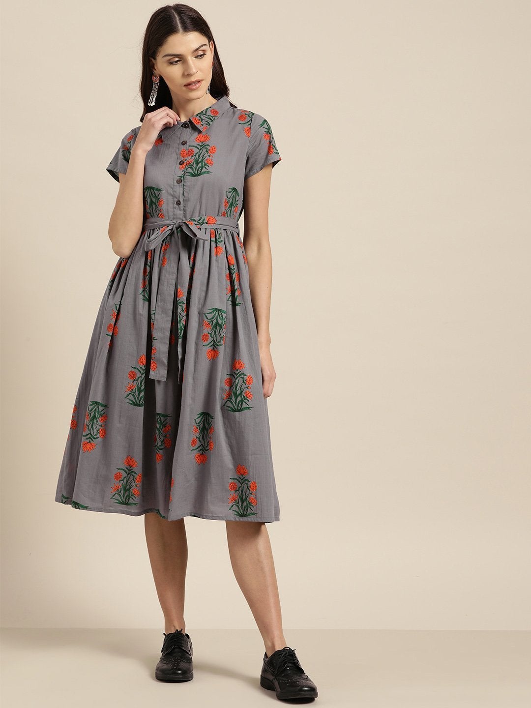 Women's Grey Floral Shirt Collar Dress - SASSAFRAS