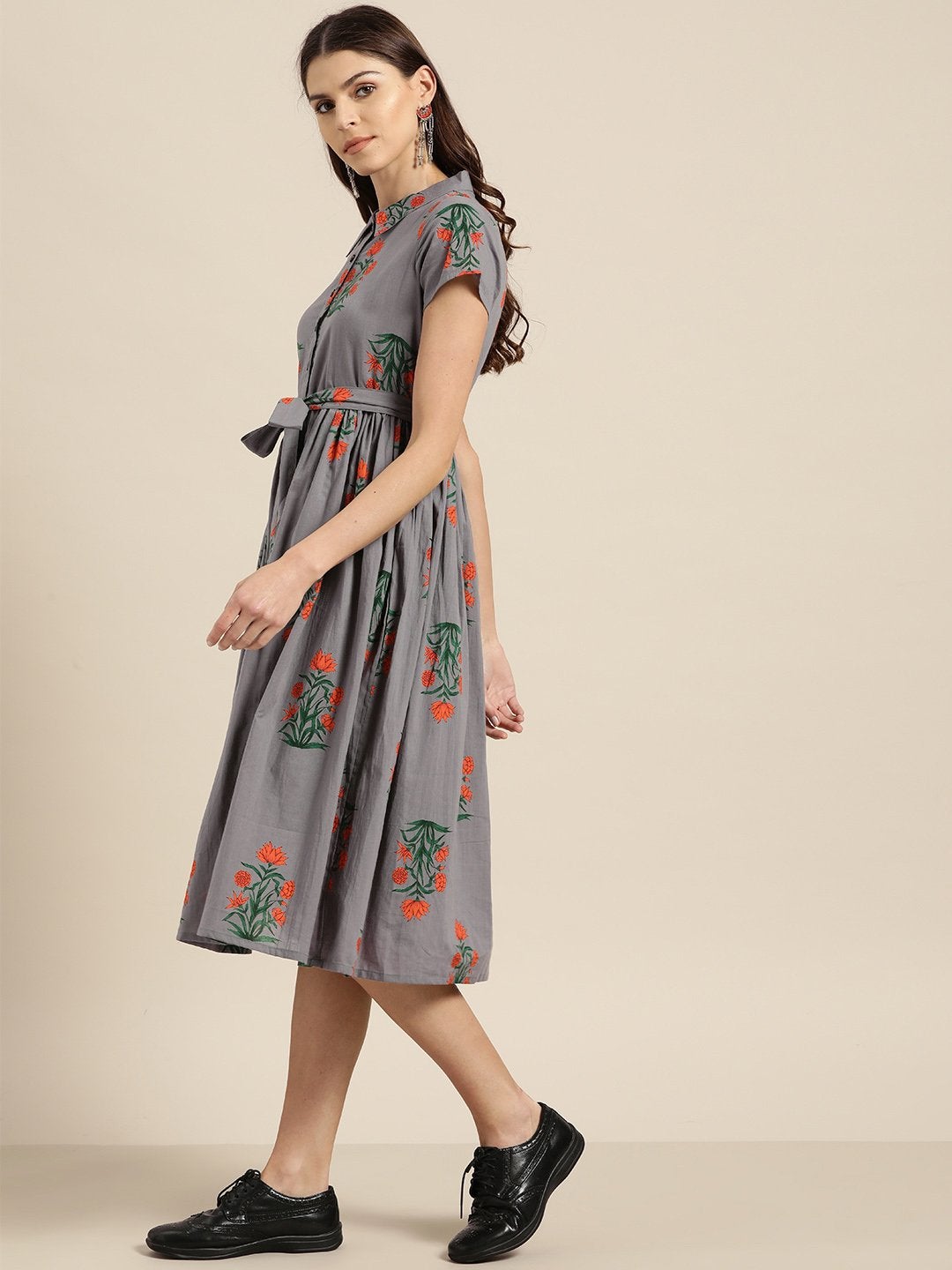 Women's Grey Floral Shirt Collar Dress - SASSAFRAS