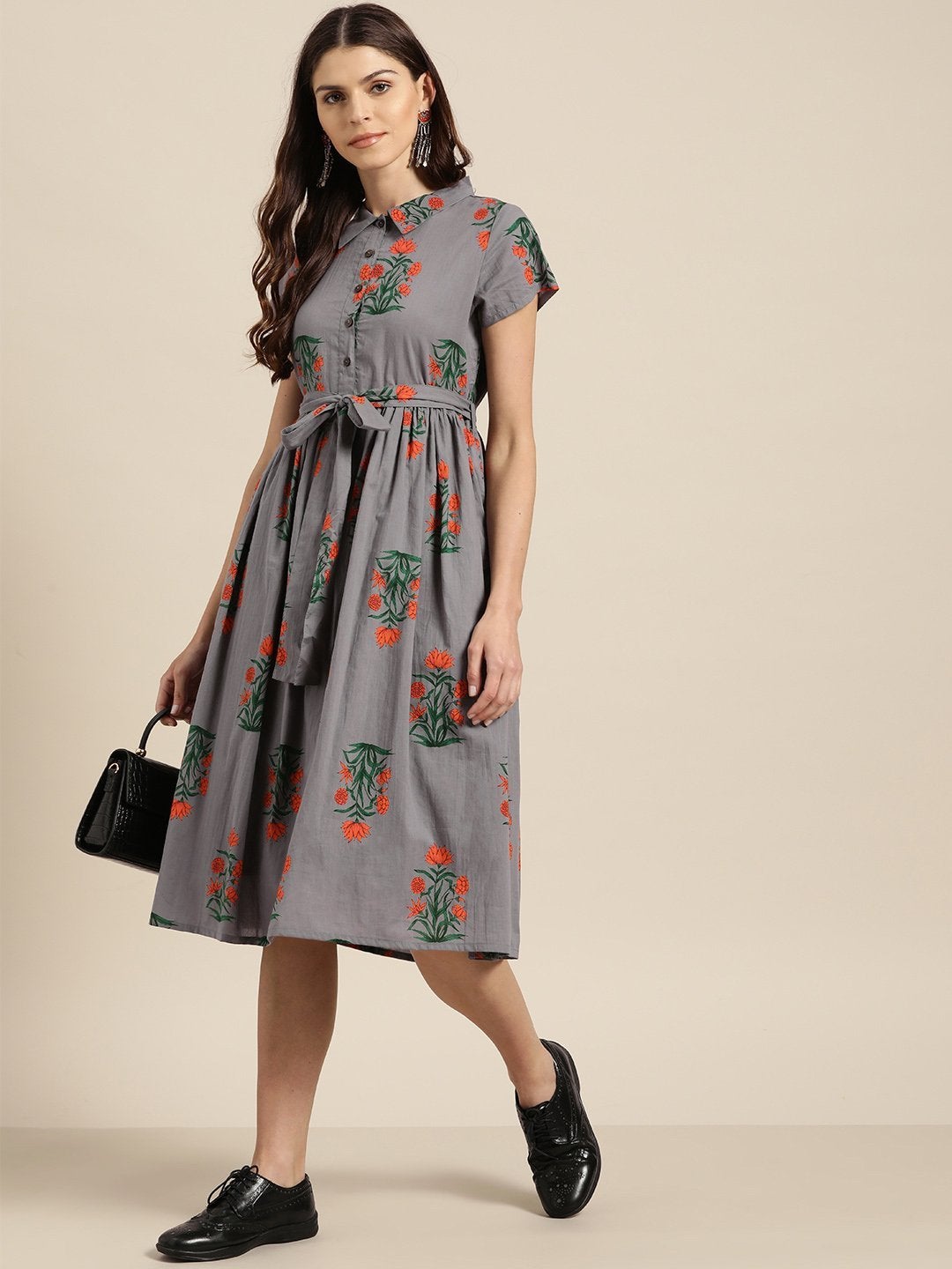 Women's Grey Floral Shirt Collar Dress - SASSAFRAS