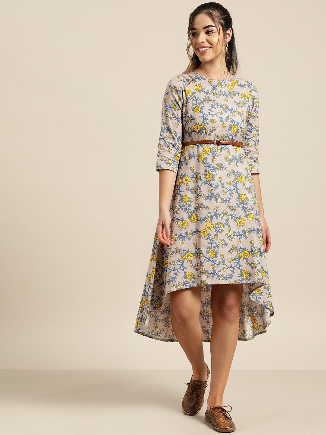 Women's Grey Floral High Low Dress With Pu Belt - SASSAFRAS