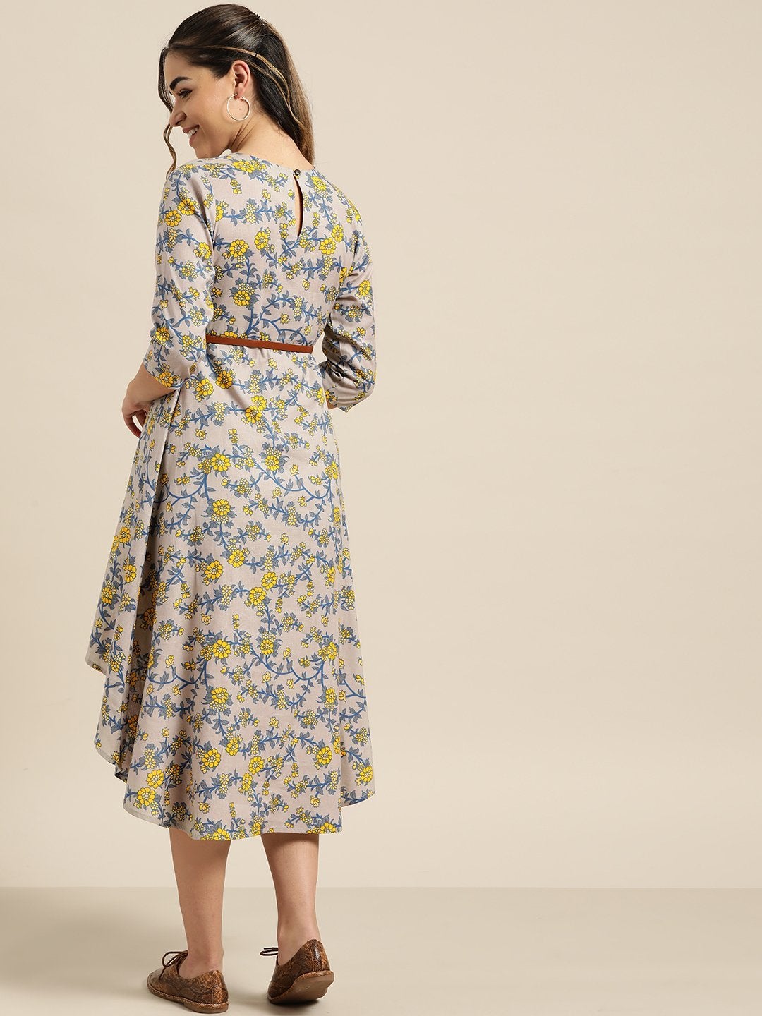 Women's Grey Floral High Low Dress With Pu Belt - SASSAFRAS