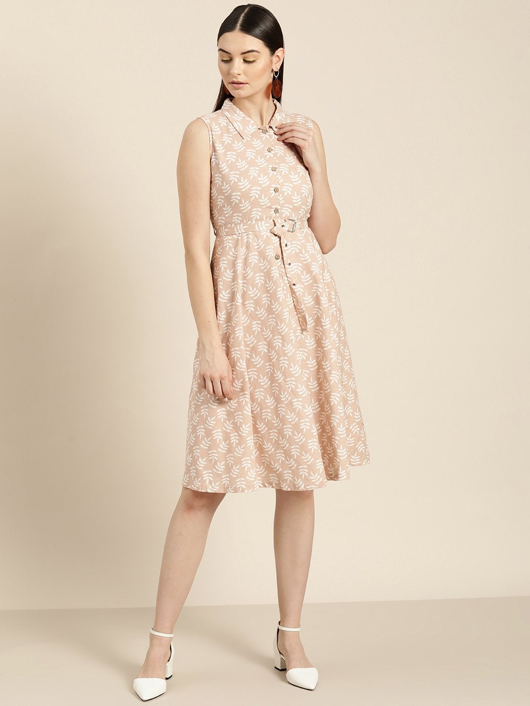 Women's Peach Printed Sleeveless Belted Dress - SASSAFRAS