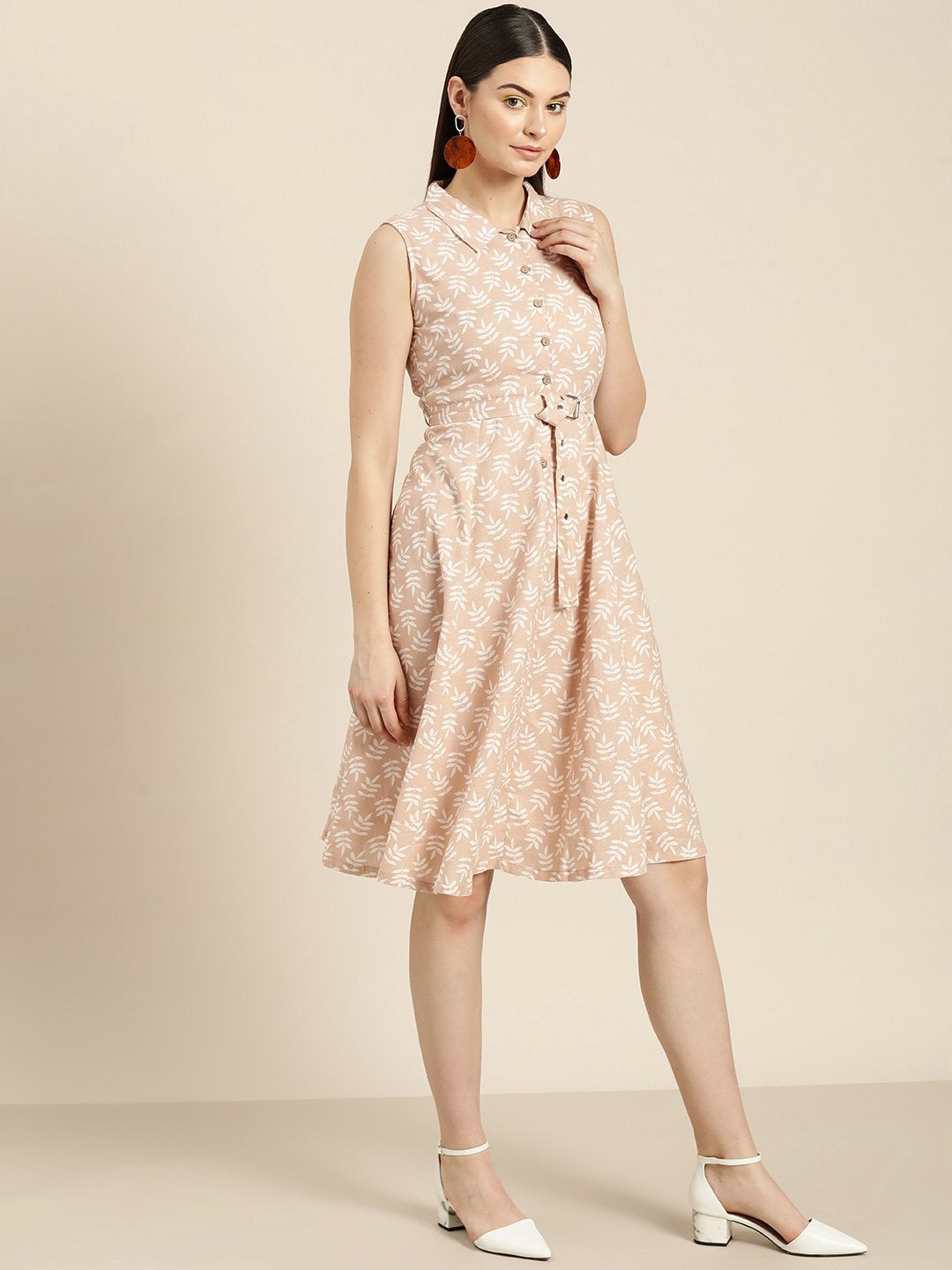 Women's Peach Printed Sleeveless Belted Dress - SASSAFRAS