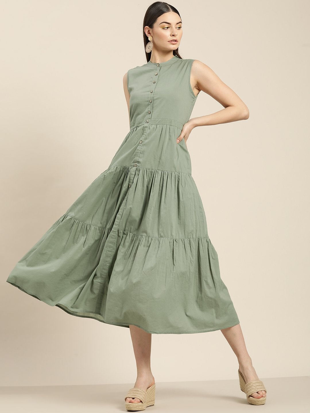 Women's Olive Sleeveless Tiered Dress - SASSAFRAS