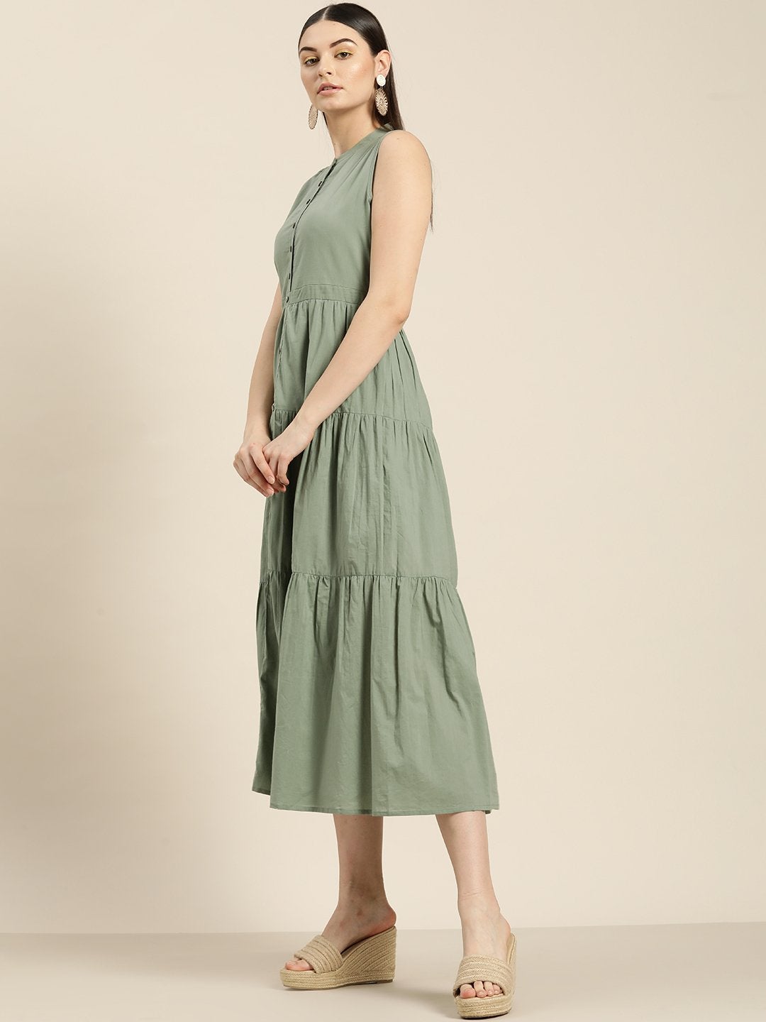 Women's Olive Sleeveless Tiered Dress - SASSAFRAS