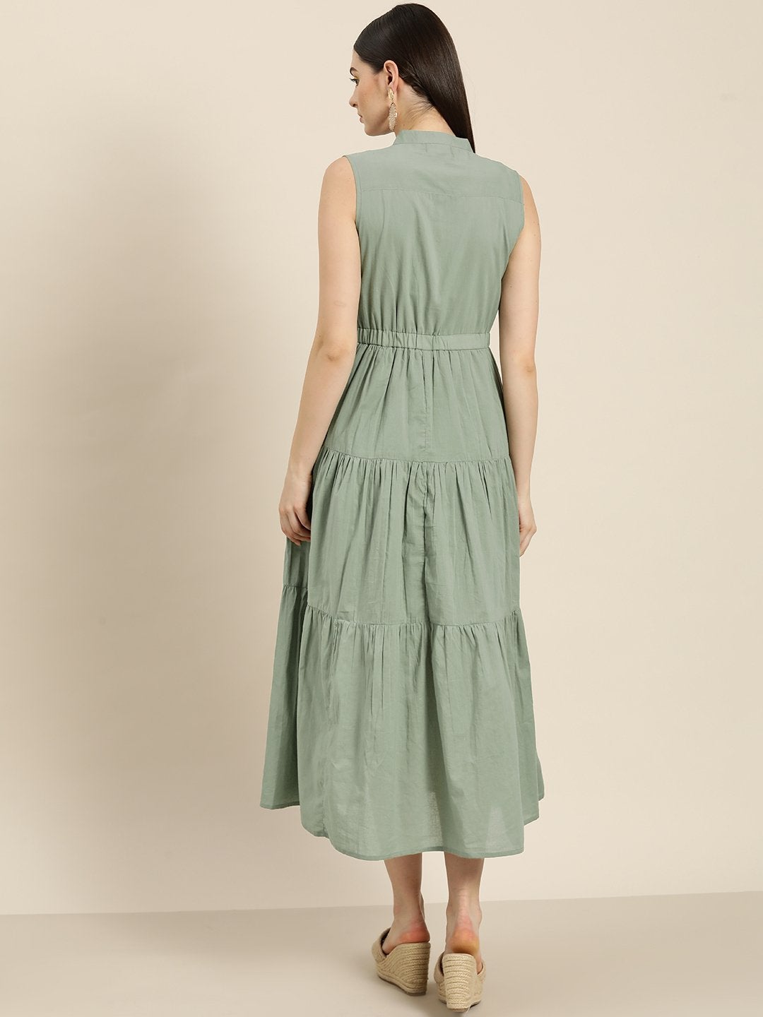 Women's Olive Sleeveless Tiered Dress - SASSAFRAS