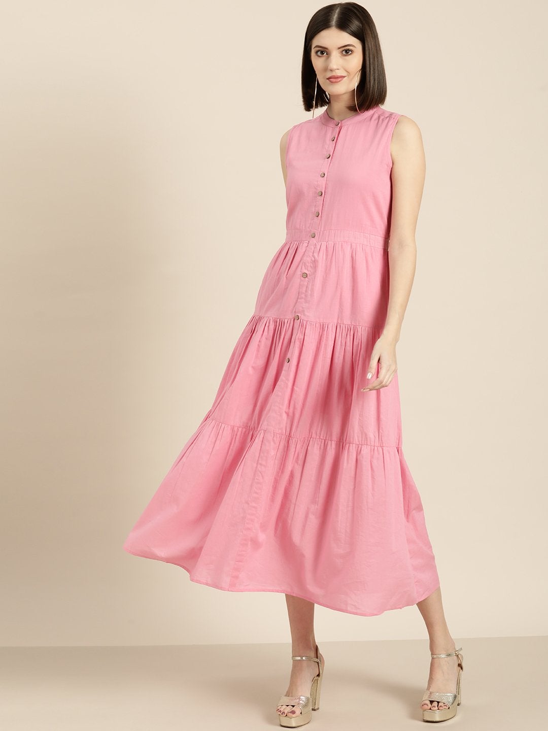 Women's Pink Sleeveless Tiered Dress - SASSAFRAS